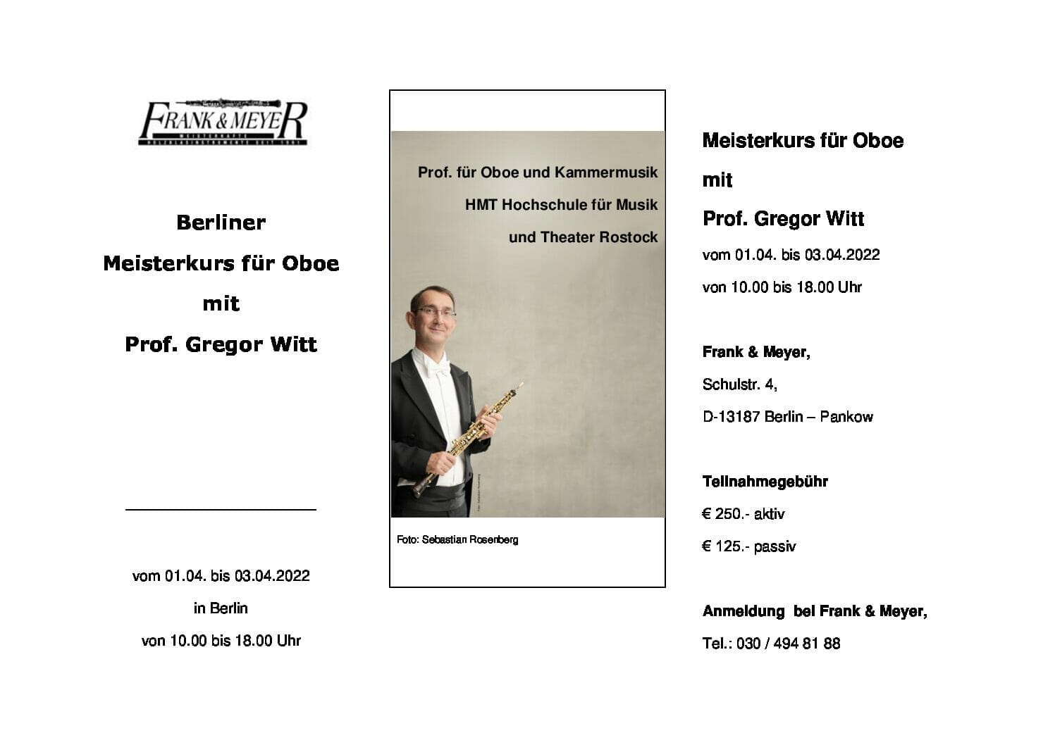 Meisterkurs für Oboe mit Prof. Gregor Witt