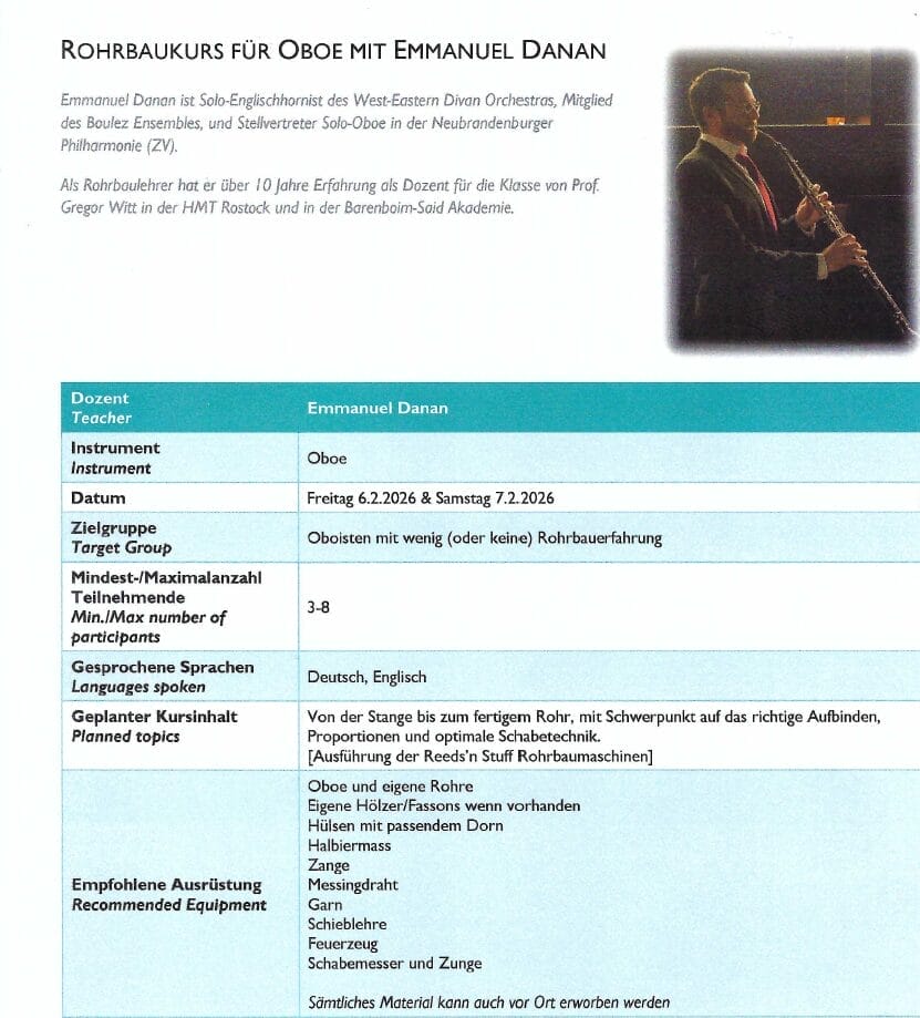 Rohrbaukurs Oboe mit Emmanuel Danan